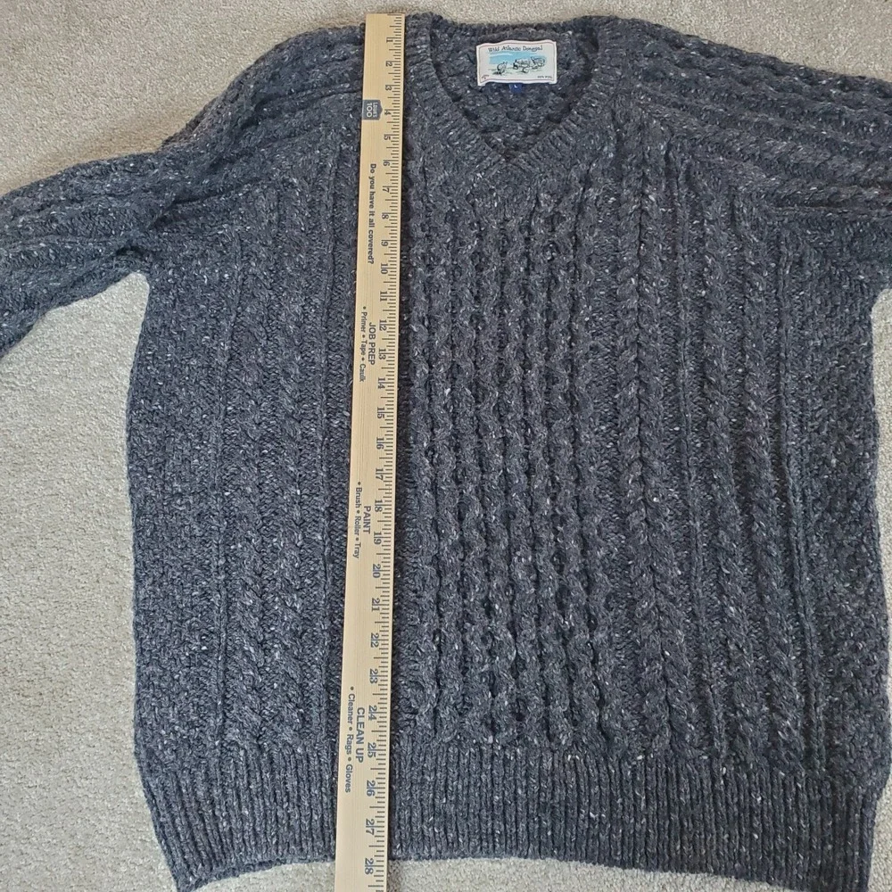 NOAH Wild Atlantic Donegal Wool Cable Knit Sweater Gray Speckle V Neck SZ Large